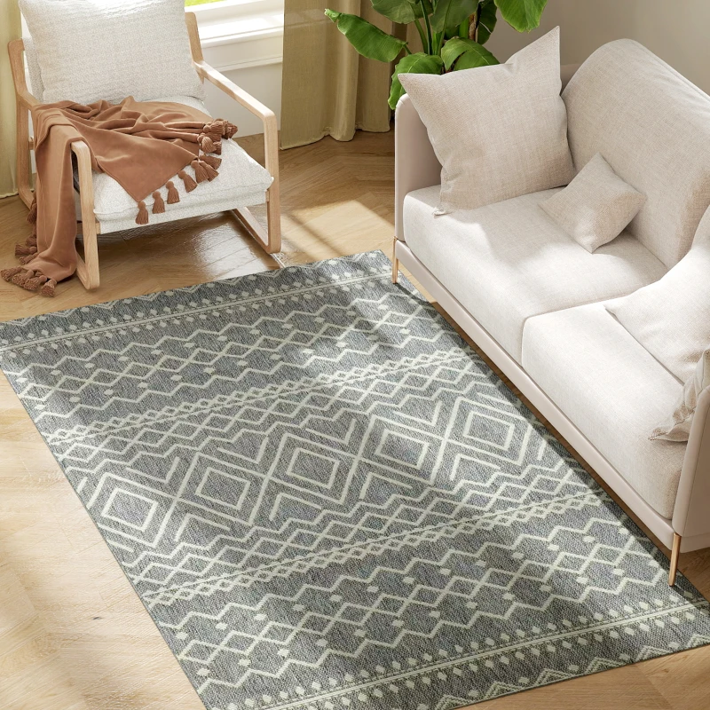 HOMCOM Teppich für drinnen und draußen, Boho-Design, leicht zu reinigen, Grau