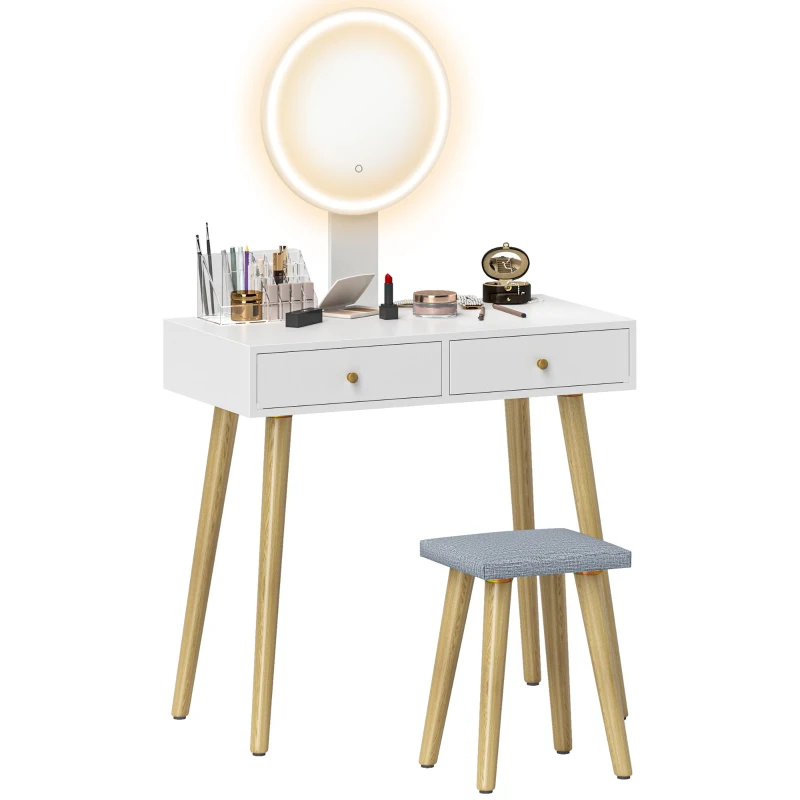 HOMCOM Schminktisch mit LED-Spiegel und 3 einstellbaren Farben, gepolsterter Hocker, 2 Schubladen und Organizer, weiß