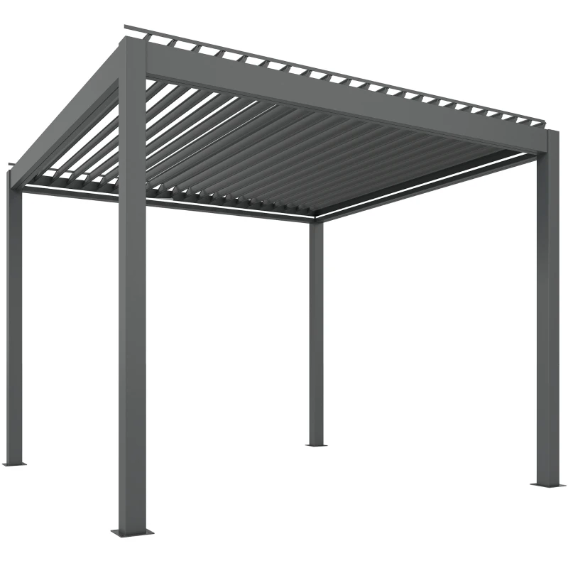 Outsunny 3 x 3(m) Electric Louvered Pergola with LED Lights, Aluminium Pergola Hardtop Gazebo with Remote, Adjustable Roof and Drainage System, Water and UV Proof