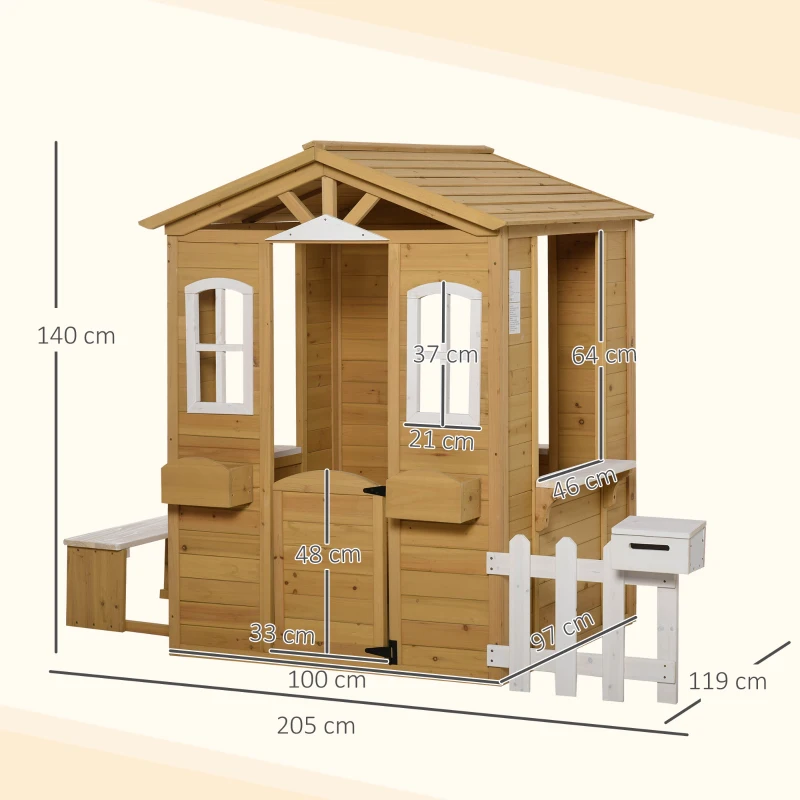 Outsunny Cabane de jeu pour enfant maison de jardin en bois porte et fenêtres, banc, boite aux lettres, clôture, de 3 à 6 ans