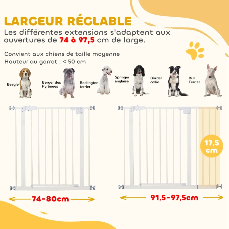 PawHut Barrière de sécurité sans perçage largueur réglable 74-80 / 91,5-97,5 cm double verrouillage fermeture automatique barrière chien pour porte couloir escalier acier blanc