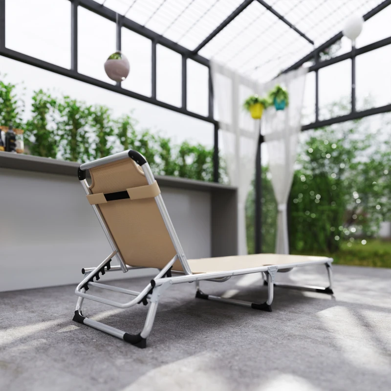 Outsunny Bain de soleil, chaise longue pliante avec appuie-tête, dossier inclinable, aluminium et textilène, beige