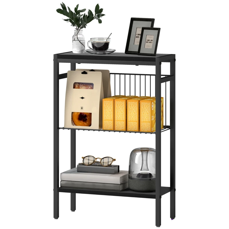 HOMCOM Mesa Auxiliar Estreita de 3 Níveis Mesinha Auxiliar Industrial com Prateleiras Abertas e Estrutura de Aço  43x18x62,5 cm Preto