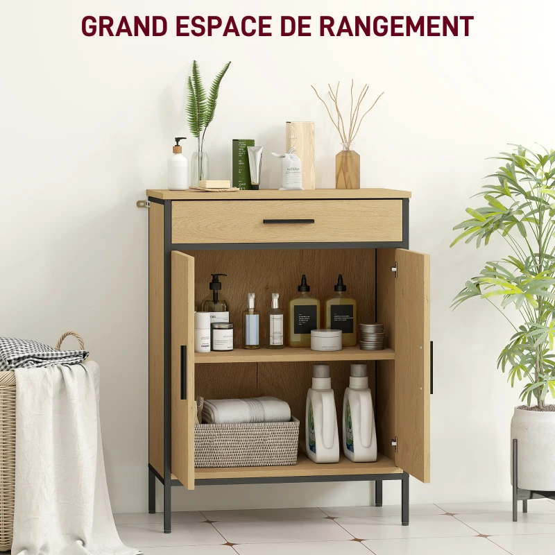 HOMCOM Meuble de salle de bain avec tiroir, placard à porte, étagère réglable et charnières à fermeture, 60 x 30 x 80 cm, chêne