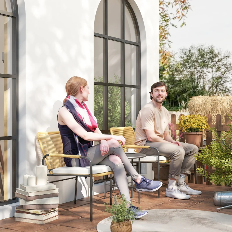 Outsunny Conjunto de Muebles de Jardín de Ratán Sintético con 2 Sillas con Cojines Extraíbles y Mesa con Tablero de Metal Natural