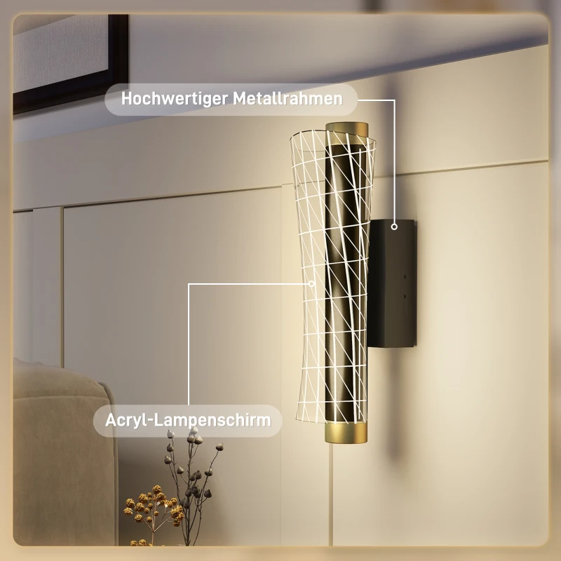 HOMCOM Wandleuchte Innen Wandlampe mit LED Lichte, Gitterdesign, Dimmbar Nachttischlampe Metall, Schwarz