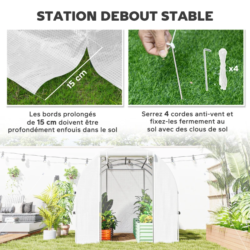 Outsunny Serre de jardin tunnel serre tunnel 6 m² avec 6 fenêtres porte enroulable toile PE structure en acier galvanisé blanc
