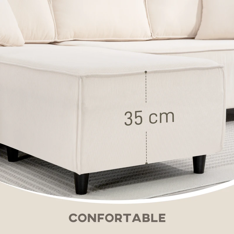 HOMCOM Canapé d'angle réversible 3 places moderne avec coussins inclus, tissu velours côtelé, crème(m-6)