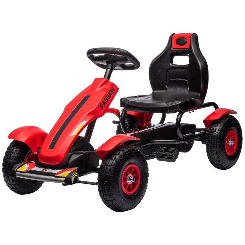 HOMCOM Go Kart a Pedales para Niños con Asiento Ajustable Neumáticos de Goma Freno de Mano Carga 50 kg 121x58x61 cm Rojo