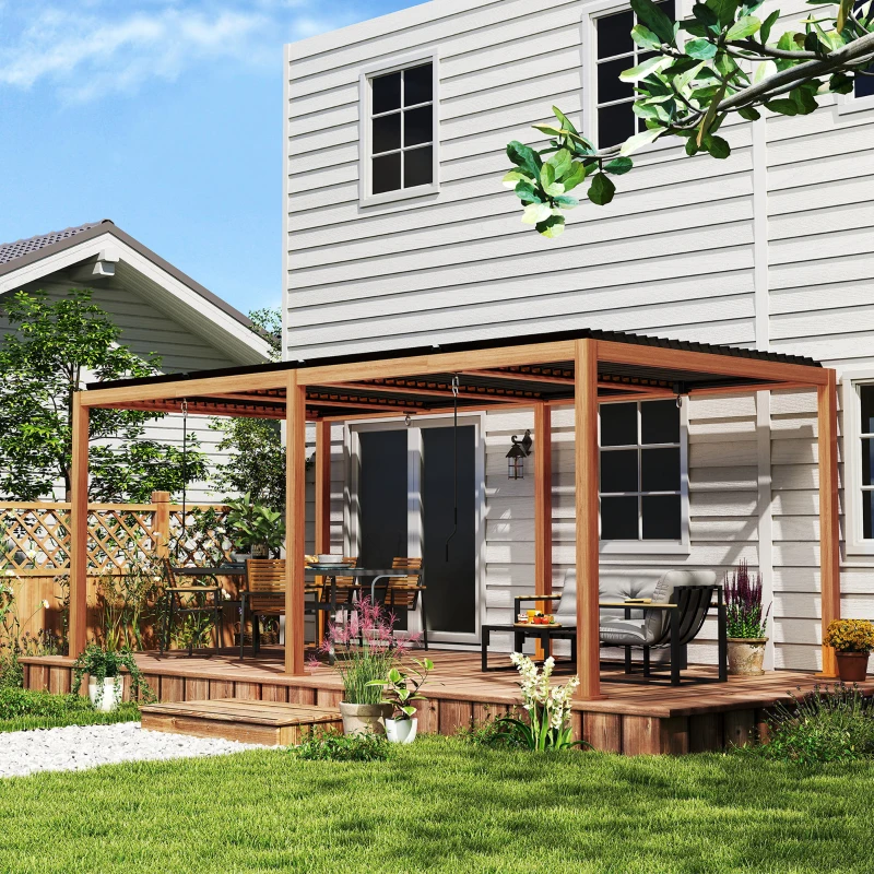 Outsunny Pergola 3 x 6 m Gartenpergola im Freien Pavillon mit verstellbaren Lamellendächern aus Aluminium Haken Naturholz