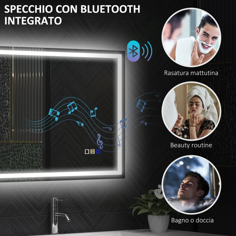 HOMCOM Specchio Bagno Antiappannante con Luce LED Regolabile, Speaker Bluetooth, Pulsanti Touch, 50x70 cm