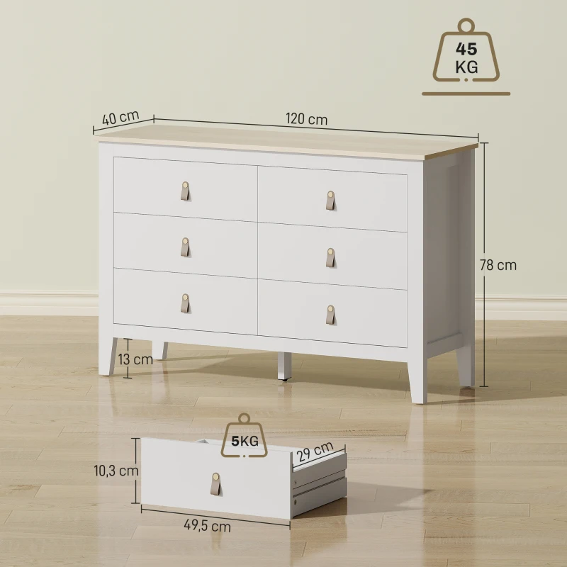HOMCOM Cómoda de 6 Gavetas Cómoda para Dormitório com Puxadores de PU 120x40x78 cm Branco