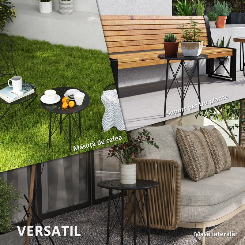 Outsunny Măsuță de Grădină cu Frunze Decupate și cu Picioare Reglabile, Ø40x50 cm, Negru