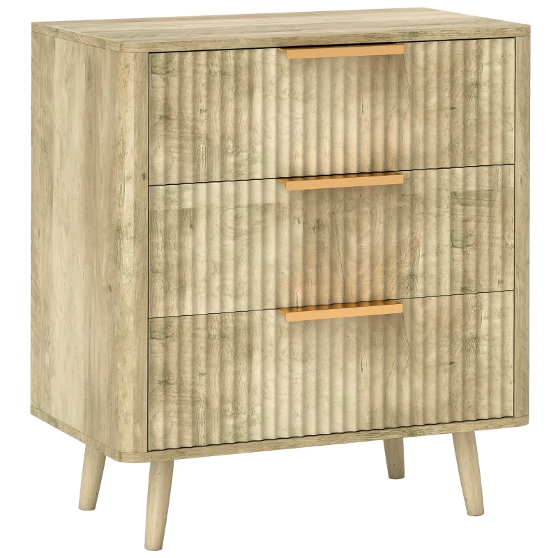 HOMCOM Commode 3 tiroirs avec poignées et pieds de pin, bois effet cannelé, pour chambre à coucher, salon, couloir, chêne