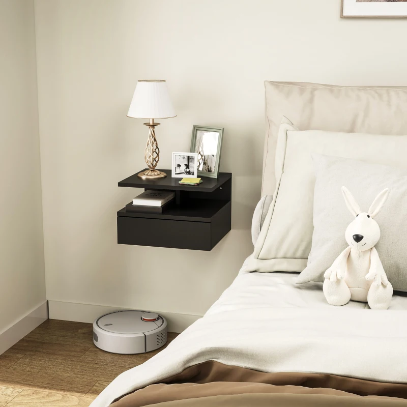 HOMCOM Schwebender Nachttisch für Schlafzimmer mit Schublade und Holzregal, 35x32x22.5cm, Schwarz