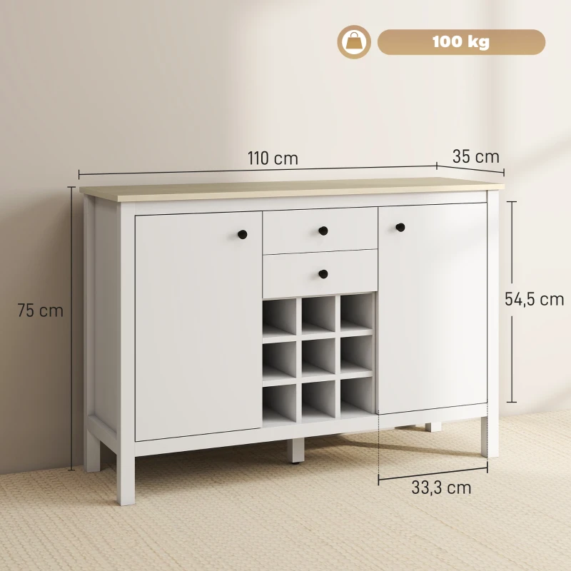 HOMCOM Buffet meuble de rangement avec 2 tiroirs, 2 portes étagères réglables et porte-bouteilles pour 9 bouteilles, blanc