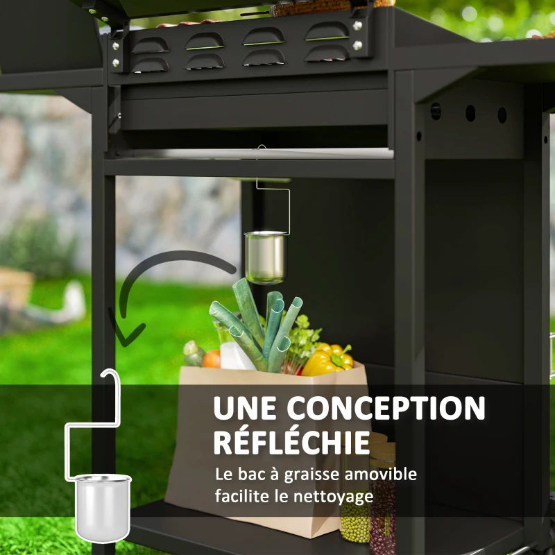 Outsunny Barbecue gaz 3+1 brûleurs en acier, puissance 9,5 kW, barbecue de jardin 2 grilles étagères latérales, 2 roues, noir