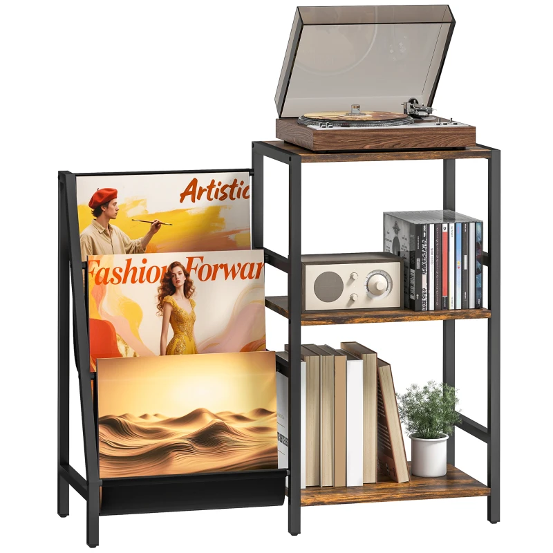 HOMCOM 3-Tier Record Player Stand, End Table for Living Room, Bedroom - Rustic Brown