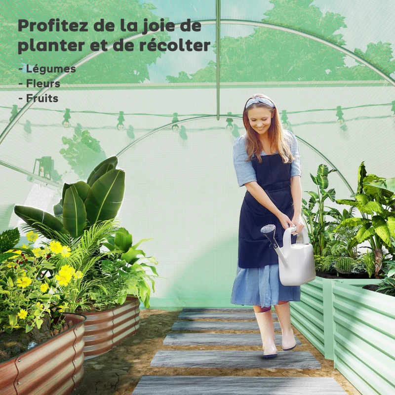 Outsunny Serre de jardin tunnel 9 m² 4 fenêtres, porte zippée enroulable châssis acier galvanisé, bâche PE 3 x 3 x 2 m vert