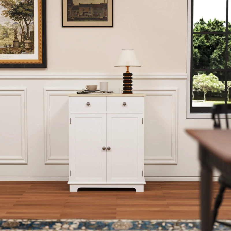 HOMCOM Kitchen Floor Cabinet Side Storage Cupboard Multi-use Sideboard Table with Solid Wood Top, Adjustable Shelf,Drawer for Dining Room, Living Room,Hallway