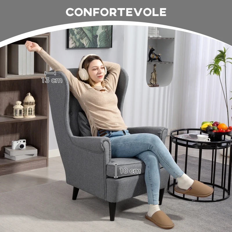 HOMCOM Poltrona per Salotto in Tessuto con Pouf Poggiapiedi, Schienale Alto e Cuscino, 75x83x104 cm, Grigio