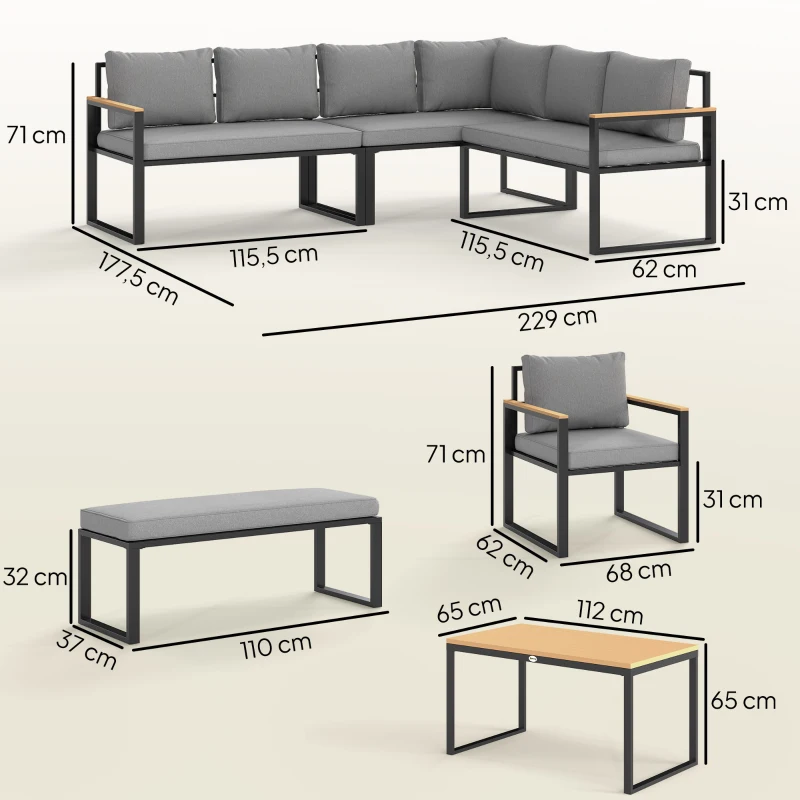 Outsunny Gartenmöbel-Set für den Außenbereich in Grau aus Stahl mit 3 Zweisitzer-Sofas, Sessel, Bank und Couchtisch