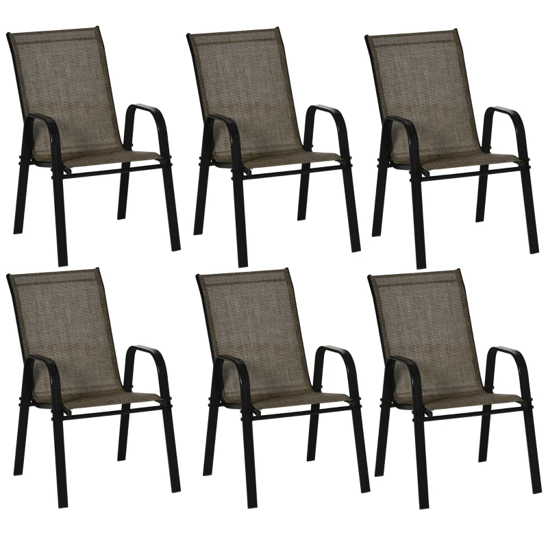 Outsunny Gartenstühle Set 6 Stück, Stapelbare Outdoor-Stühle aus Metall und atmungsaktivem Netzgewebe, Braun