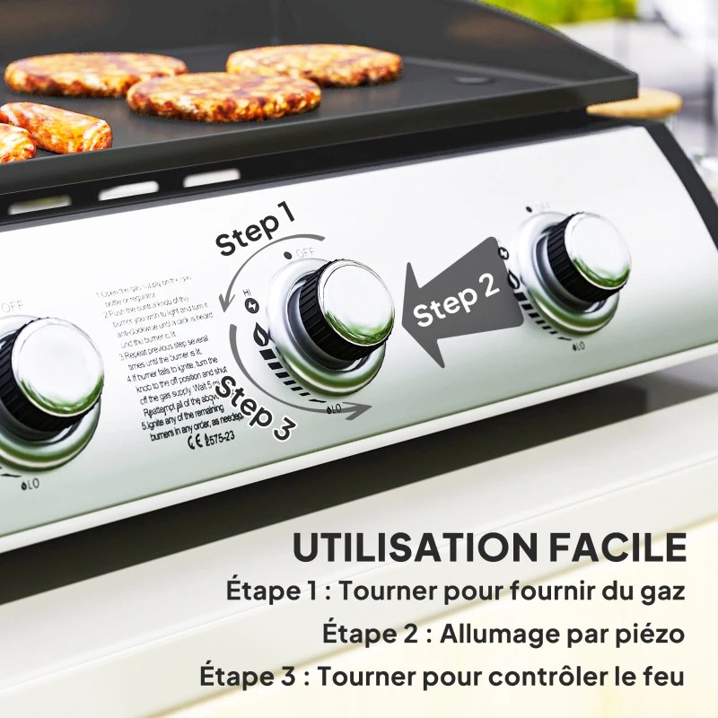 Outsunny Plancha gaz 3 brûleurs 7,5 kW, surface cuisson 61 x 35,5 cm avec couvercle, gaz liquéfié/propane, 63 x 47 x 25 cm noir