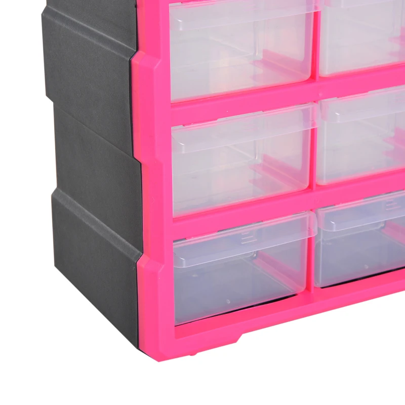 DURHAND Kunststoff-Schubladenbox für Kleinteile mit 39 transparenten Schubladen, Wand- oder Bodenmontage 38x16x47,5 cm Rosa