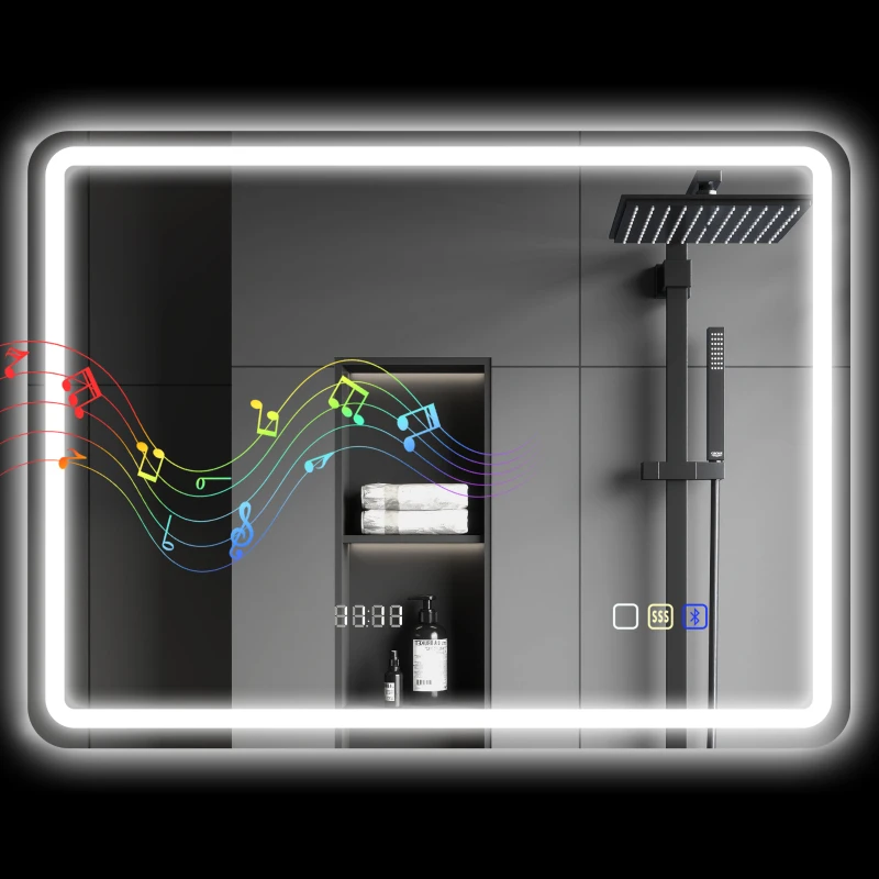 HOMCOM Badezimmerspiegel mit LED-Licht 80x60 cm mit Bluetooth 3 Lichtfarben Digitale Uhr Anti-Beschlag-Memory-Funktion