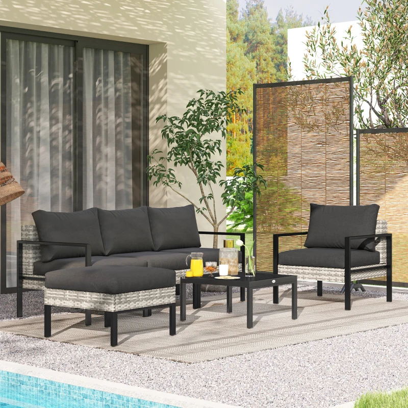 Outsunny Gartenlounge-Set für 5 Personen, Balkon-Lounge aus Kunststoff-Rattan mit Sesseln, Hocker und Couchtisch Hellgrau
