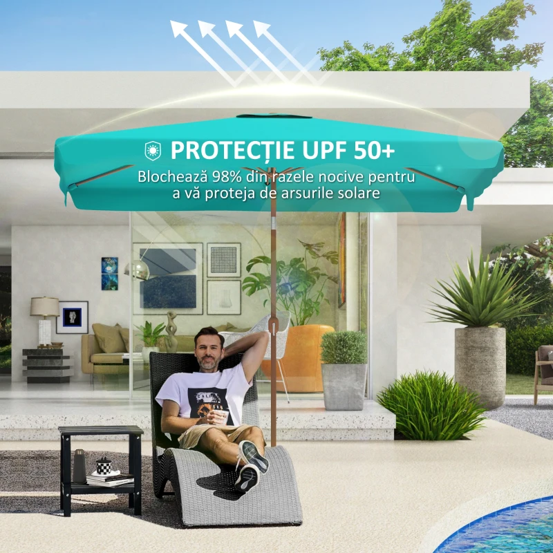 Outsunny Umbrela de Gradina inclinabila cu Deschidere cu Manivela si Orificiu de Aerisire, 300x200x235 cm, Turcoaz