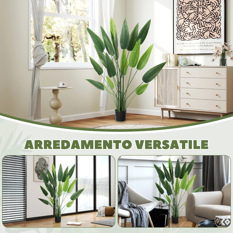 HOMCOM Künstliche Grünpflanze von 20 Blättern von 140 cm mit Topf, aus PE, PEVA und PP