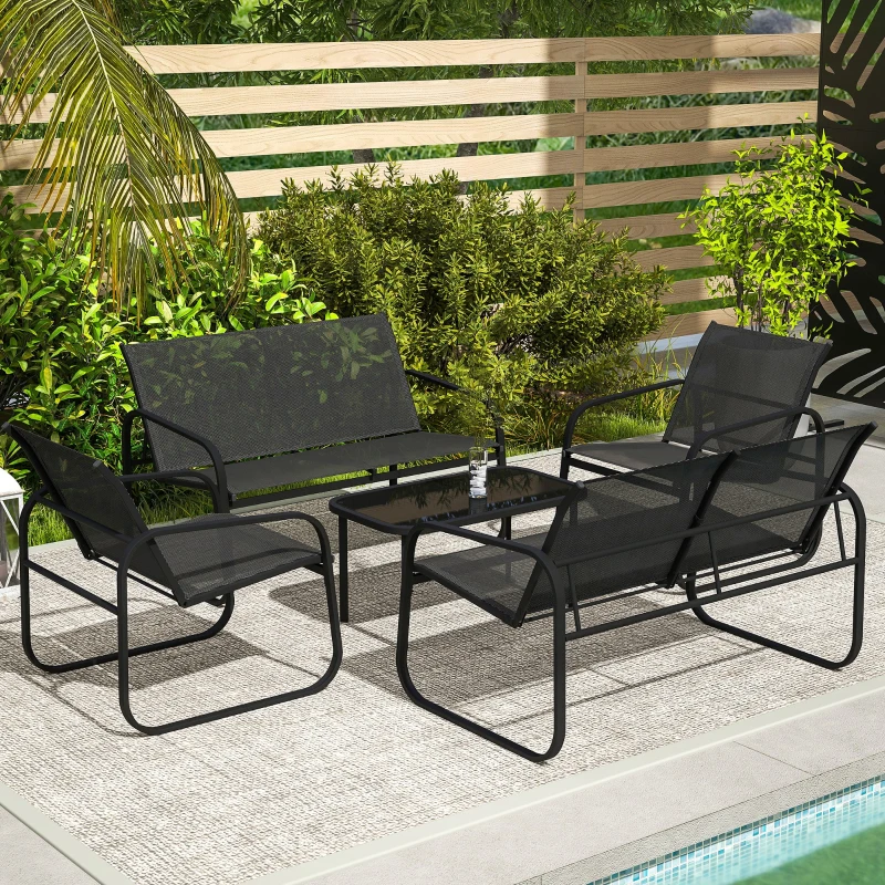 Outsunny Gartenmöbel-Set für den Außenbereich 5 Stück aus Stahl und Textilene mit Sofas, 2 Sesseln und gehärteter Glas-Couchtisch, Grau