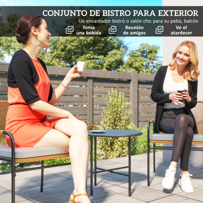 Outsunny Conjunto de Muebles de Jardín de Ratán Sintético con 2 Sillas con Cojines Extraíbles y Mesa con Tablero de Metal Natural