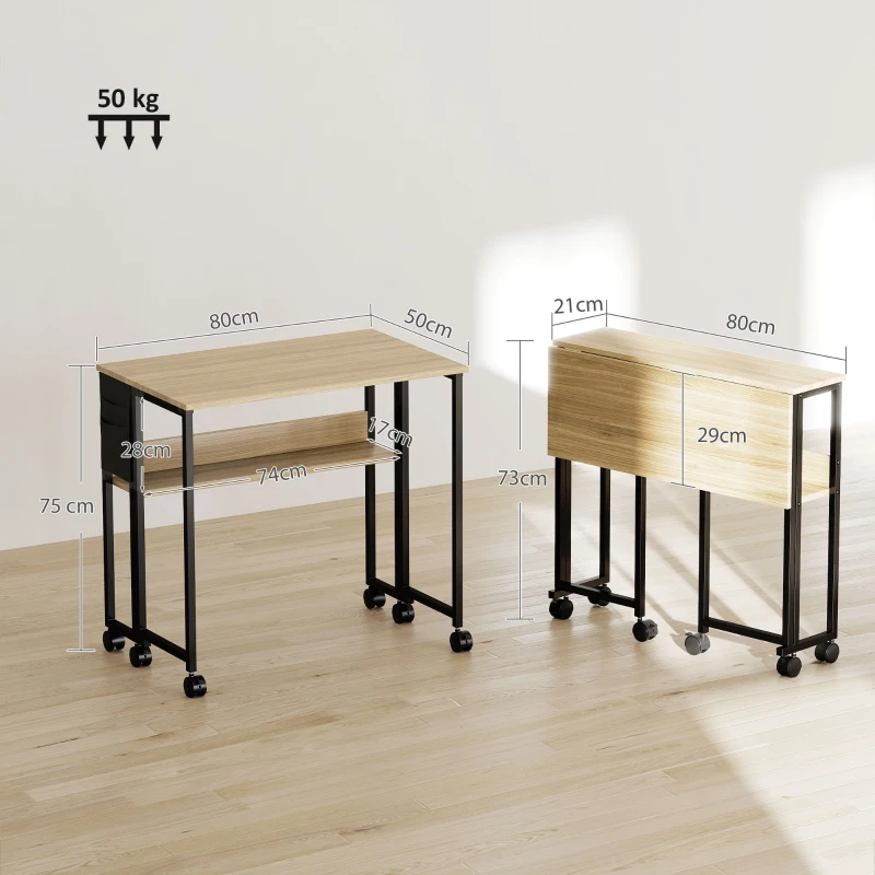 HOMCOM Bureau pliable sur roulettes 80 x 50 cm avec étagère et sac de rangement, chêne