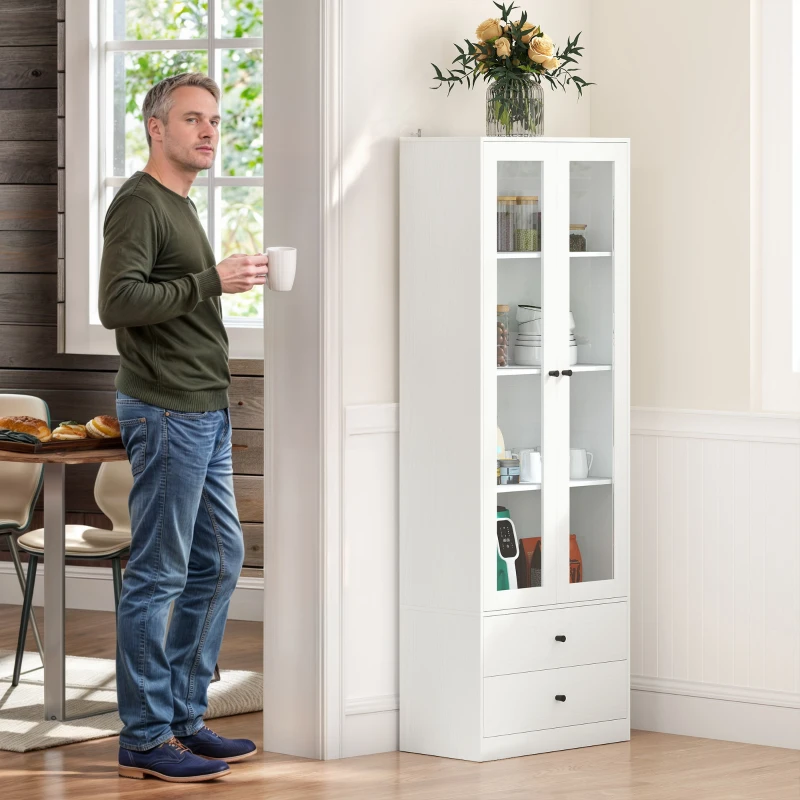 HOMCOM Modernes Aufbewahrungsmöbel mit Glastüren-Schrank, verstellbaren Regalen und 2 Schubladen, 59 x 30 x 164 cm, Weiß