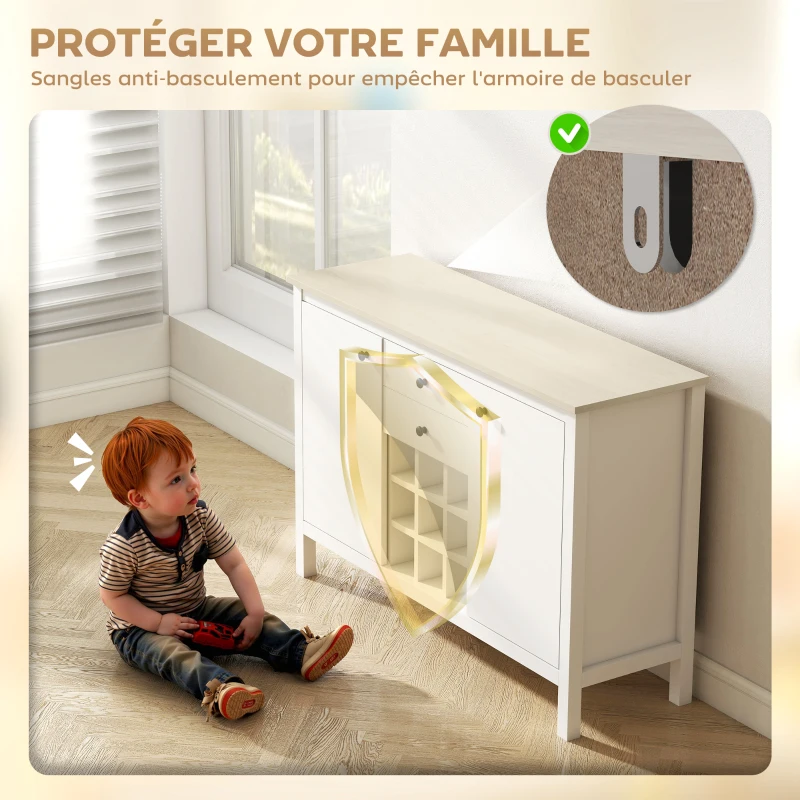 HOMCOM Buffet meuble de rangement avec 2 tiroirs, 2 portes étagères réglables et porte-bouteilles pour 9 bouteilles, blanc