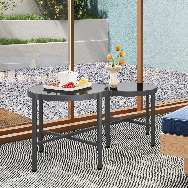 Outsunny Set aus 2 Garten-Couchtischen mit gehärteter Glasplatte, schwarzem Aluminiumgestell