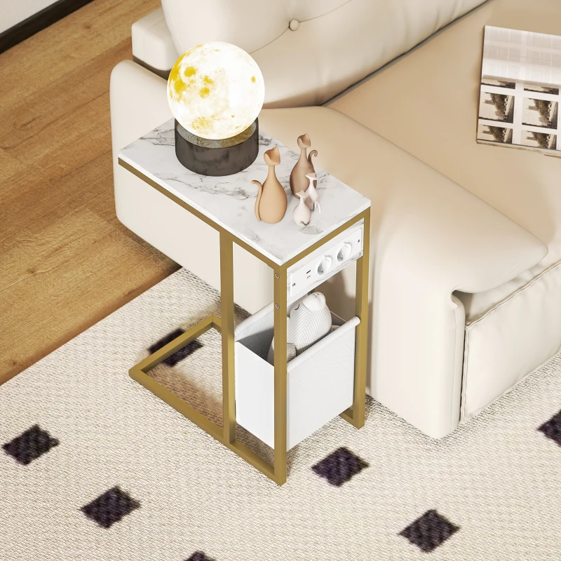 HOMCOM Table d'appoint forme C avec station de charge sac de rangement en tissu plateau aspect marbre, 46 x 25 x 62,5 cm, blanc