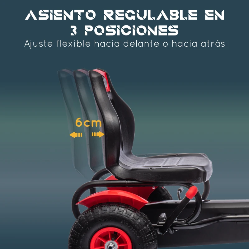 HOMCOM Go Kart a Pedales para Niños con Asiento Ajustable Neumáticos de Goma Freno de Mano Carga 50 kg 121x58x61 cm Rojo