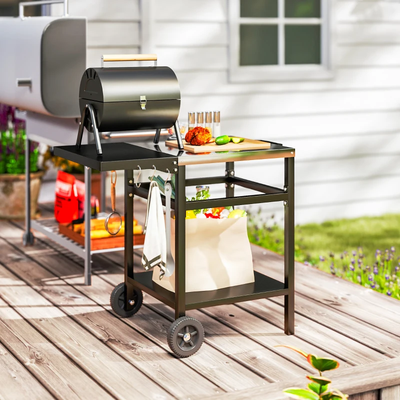 Outsunny Grillwagen mit Edelstahl-Arbeitsplatte und klappbarem Tisch, Rädern und Haken, 91x58x76 cm, Schwarz