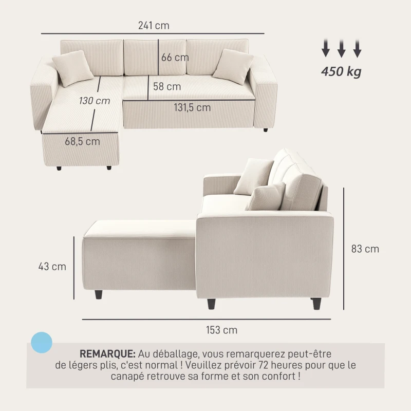 HOMCOM Canapé d'angle réversible 3 places moderne avec coussins inclus, tissu velours côtelé, crème(m-3)
