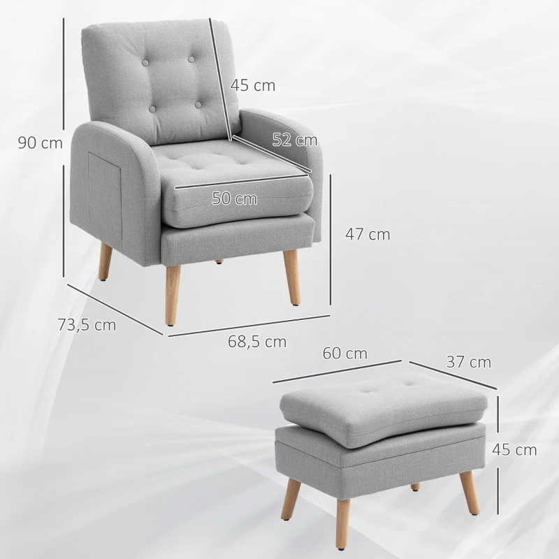 HOMCOM Fauteuil de relaxation avec repose-pied fauteuil TV avec coussins capitonné en tissu lin 68,5 x 73,5 x 90 cm gris clair