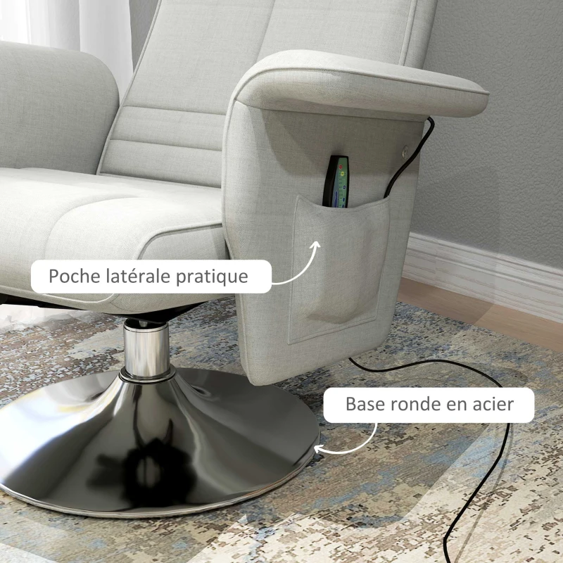 HOMCOM Fauteuil relax massant avec pouf, fauteuil TV avec dossier inclinable siège pivotant à 360° 78 x 95 x 88 cm crème