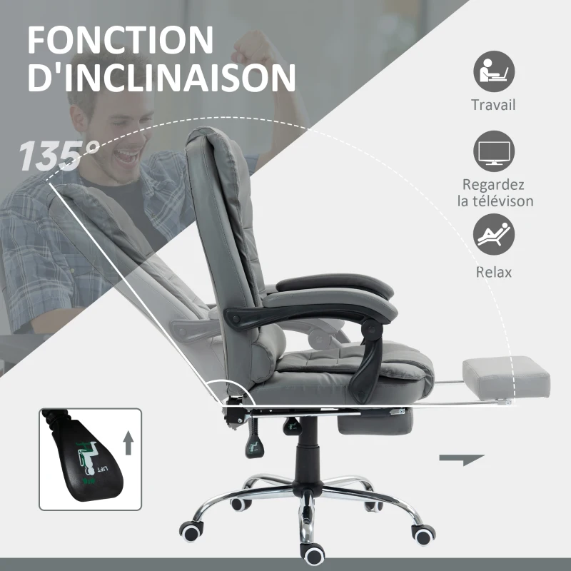 HOMCOM Fauteuil de bureau fauteuil manager grand confort dossier inclinable roulettes PU 64,5 x 69 x 117 cm gris