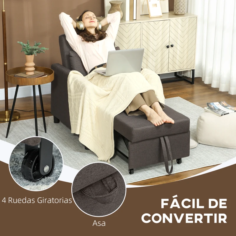 HOMCOM Sofá Cama de 1 Plaza Tapizado en Lino con Respaldo Ajustable de 3 Niveles y Almohada Acolchada 69x82,5x84 cm Marrón