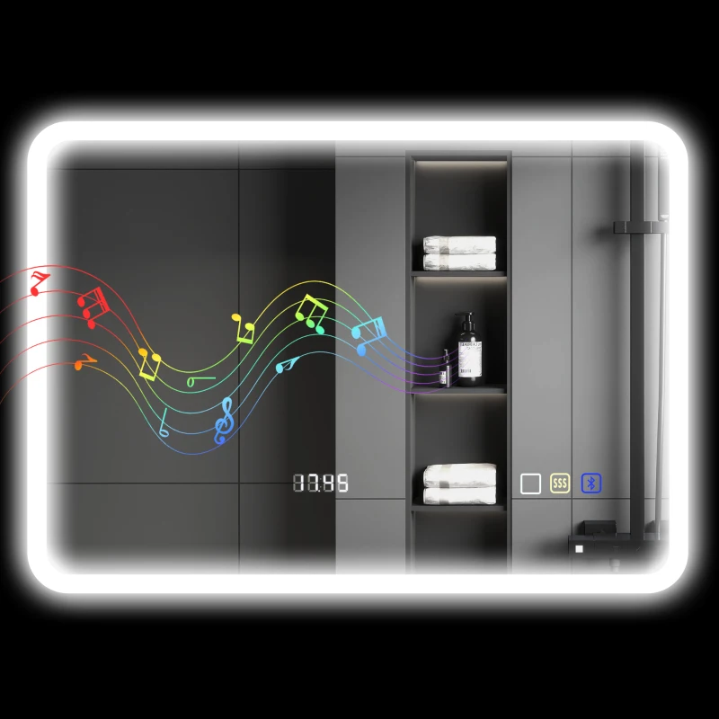 HOMCOM Badezimmerspiegel mit LED-Licht 70x50 cm mit Bluetooth 3 Lichtfarben Digitaluhr Anti-Beschlag-Funktion Speicherfunktion