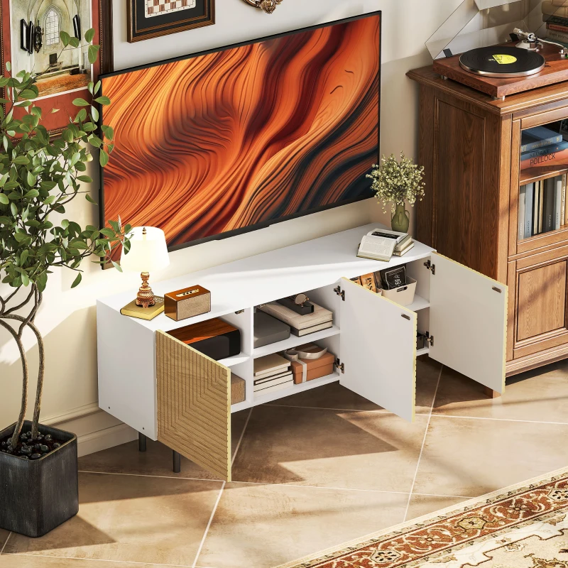 HOMCOM TV-Möbel für bis zu 65 Zoll mit gerillten Schranktüren und Kabelkanal für Wohnzimmer, Schlafzimmer, Naturholz-Effekt