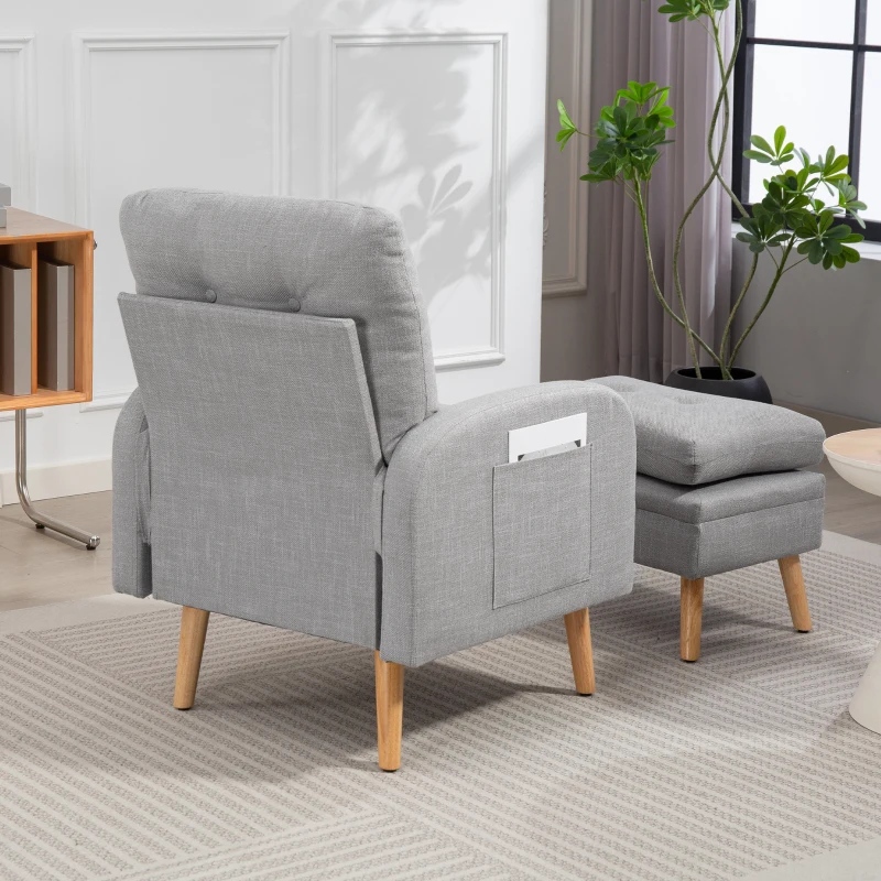 HOMCOM Fauteuil de relaxation avec repose-pied fauteuil TV avec coussins capitonné en tissu lin 68,5 x 73,5 x 90 cm gris clair